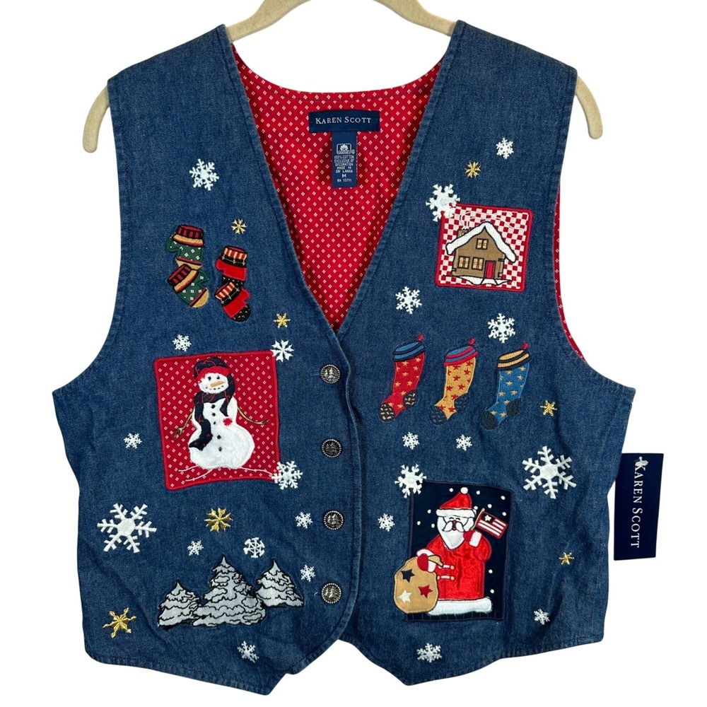 Karen Scott Womens Blue Denim Christmas Vest Embroidered Santa Snowman NWT M